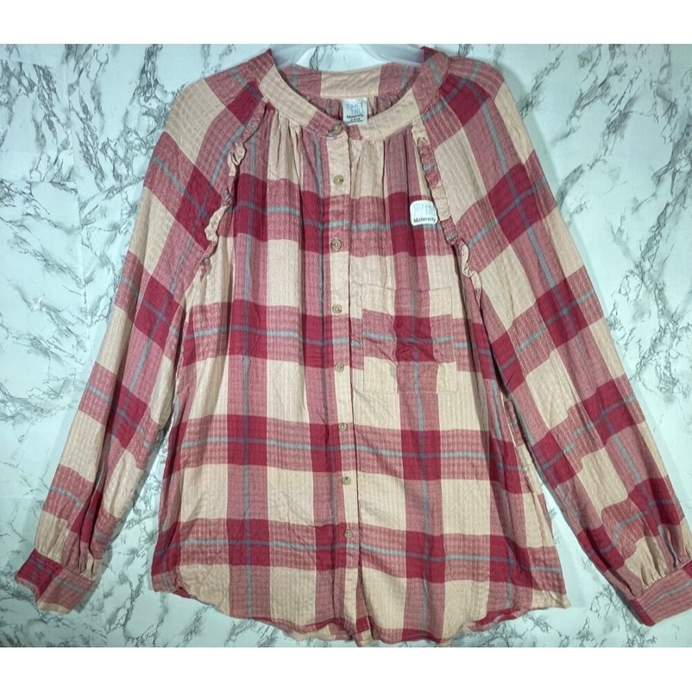 Time And Tru Maternity Pink Plaid Button-Up Top M (8-10) Rayon Blend